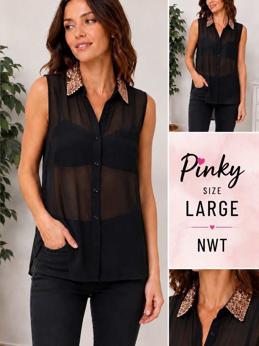 Pinky Black Sheer Sleeveless Blouse Large NWT Sequin Collar Button Front